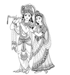 Lord Krishna is a young and handsome youth with a flute and his beloved beauty Radha embraces him. Black ink drawing on white paper.
