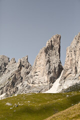 Fototapeta na wymiar Dolomites Mountains at the Sella Joch with view to the peaks of Langkofel in South Tyrol in the Alps of Italy, Val Gardena, Trentino Alto Adige, Italien, Europa
