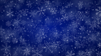 Christmas background of snowflakes of different shapes, sizes and transparency in blue colors