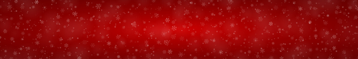 Christmas banner of snowflakes of different shapes, sizes and transparency on red background