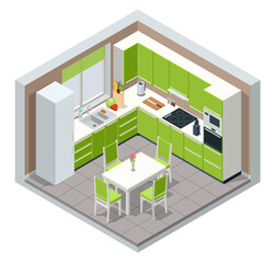 Isometric minimalist kitchen room interior with dinning furniture on a floor. Modern house interior with kitchen and dining room combination.