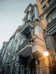 Kyiv historic city centre, Ukraine. A photo of a beautiful historic exterior facade of the old classical architectural house building