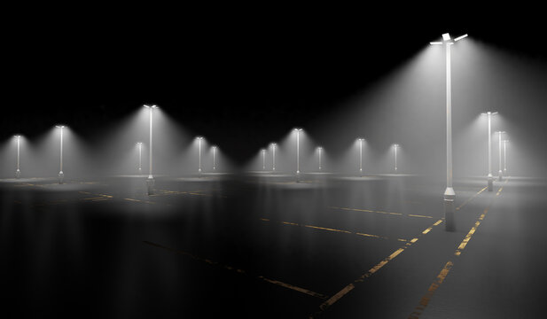 3d rendering illustration. foggy dark empty night car parking