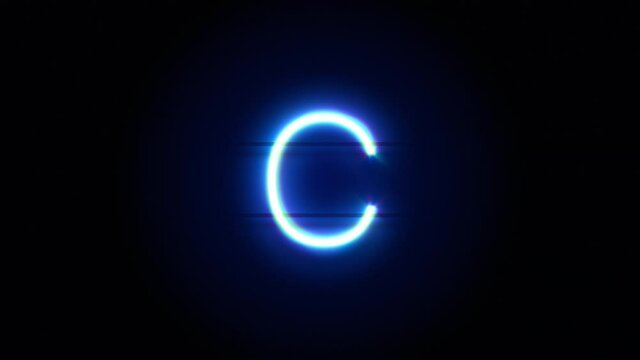 Neon font letter C lowercase appear in center and disappear after some time. Animated blue neon alphabet symbol on black background. Looped animation.