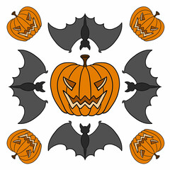 halloween pumpkin for celebration, bat, holiday traditions, helloween set, card, pattern