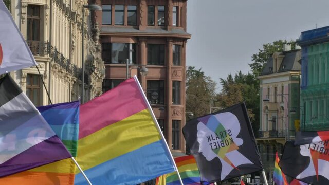 Flags Asexual, Panasexual, Women rights , Stop Homophobiaand LGBTQ flag selebration demonstration pride Europe Poland Wroclaw