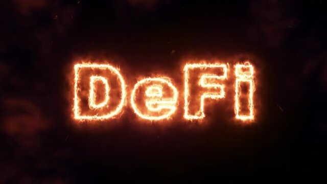 DeFi - Decentralized Finance, hot fire text word