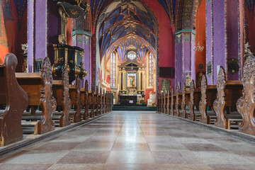 Colorful interior of the catholic cathedral church in the old town in Bydgoszcz, Poland.