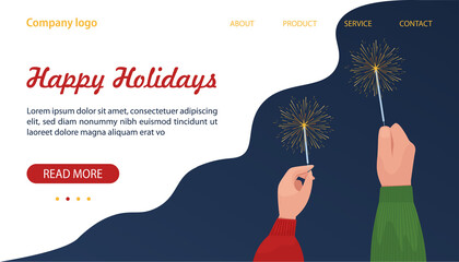 Happy holidays landing page. Two hands - male and female hold bengal light with sparkler. Vector illustration in cartoon flat style