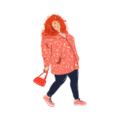 Funny redhead woman walks in pink coat and blue pants, with red bag in her hand, comic illustration for magazine