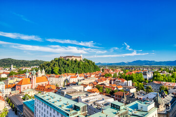 Ljubljana City Center Aerial View with Ljubljana Castle in the Background during a Sunny Day