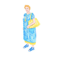 Fashionable woman in a blue dress with a yellow bag. Illustration for magazine