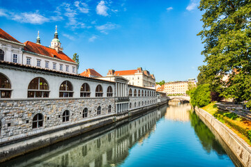 Fototapeta na wymiar Ljubljana City Center during a Sunny Day overlooking Lublanka River