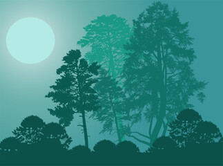 pine forest silhouettes on cyan