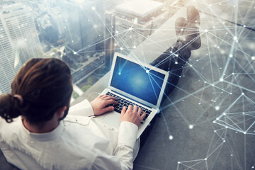 Businessman works with a laptop. concept of internet sharing and company startup