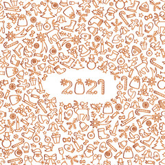 Happy New Year 2021. Snow winter holiday white background. Christmas greeting card with lettering.