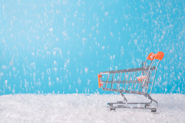 Merry shopping weather concept. Close up side profile view photo of little miniature silver trolley...