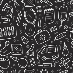 Hand drawn seamless pattern of medicine elements, pill, tablet, stethoscope. Comic doodle sketch style. Medicine illustration for wallpaper, background, textile.