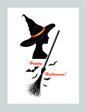 Halloween holiday greeting card with lettering Happy Halloween and beautiful witch girl in hat and bats silhouettes over white background