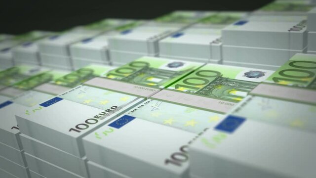 Euro banknote bundle growth up loop. 100 EUR money stacks. Concept of cash pack, crisis, banking, business, success, recession, economy, bank, debt and finance. Loopable seamless 3d animation.