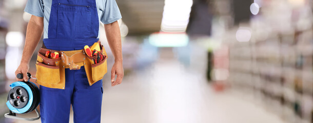 Closeup view of electrician with tools at store, space for text. Banner design