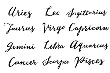 Set of 12 vector zodiac signs with titles elegant hand lettering.  Aries, Taurus, Leo, Gemini, Virgo, Scorpio, Libra, Aquarius, Sagittarius, Pisces, Capricorn, Cancer.