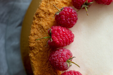  Russian honey cake decorated with raspberries on a wooden background