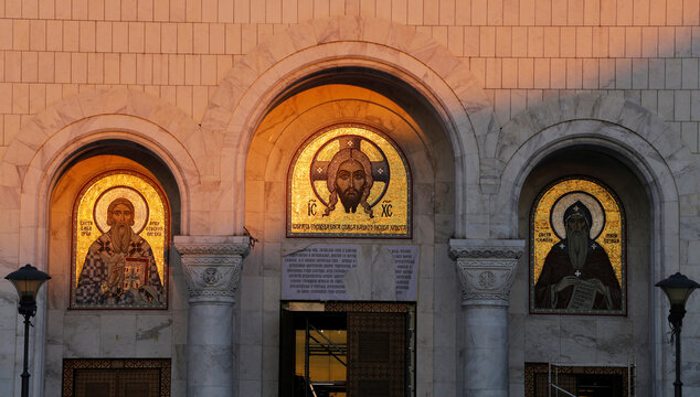 Gold images are seen in the front entrance of Church of Saint Sava during a autumn evening in the city of Belgrade, Serbia.