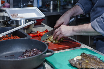 Cook-slicing food in the kitchen