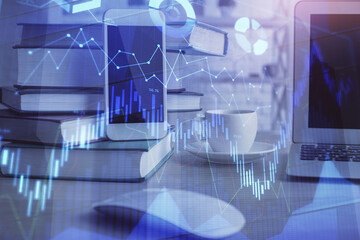 Double exposure of financial graph drawing and cell phone background. Concept of forex trading