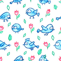 Cute little birds seamless pattern