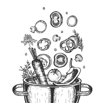 Vegetables Fall Into The Pot Soup Cooking Vector Illustration Stock  Illustration - Download Image Now - iStock