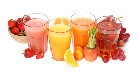 Glasses of delicious juices and fresh fruits on white background