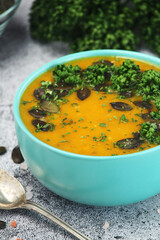 A bowl with home-made pumpkin soup