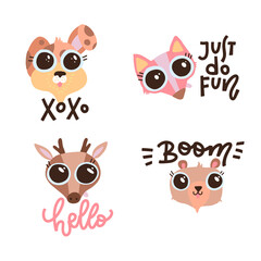 Set of cute animal heads with text - Hello, XoXo, Just do fun and Boom, in flat hand drawn style, isolated on white background. Big eyes faces with lettering quotes. Vector illustration.