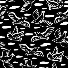 Seamless pattern with birds. Graphic monochrome texture. Great for fabric, textile, wrapping paper. Vector Illustration