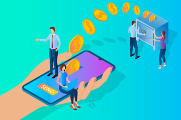 Obraz premium Online banking.People are engaged in banking operations using an app on their smartphone.The concept of modern technologies in the banking sector.Isometric vector illustration.