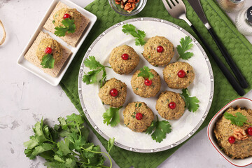 Traditional Georgian appetizer pkhali from aubergine on light gray background, Closeup, Top view