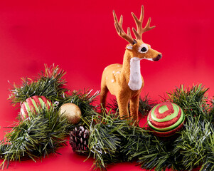 The isolated reindeer on the red background for design as the object of the new year and the Santa Claus Christmas team leading the deer group