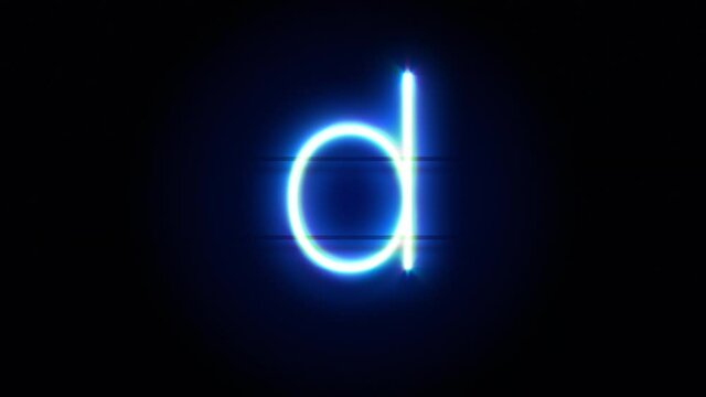 Neon font letter D lowercase appear in center and disappear after some time. Animated blue neon alphabet symbol on black background. Looped animation.