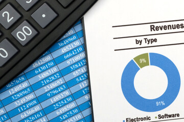 The desktop contains financial statements, tables and a calculator.