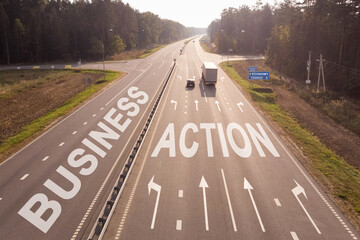 Transport is moving along the road, the text of Business and ACTION