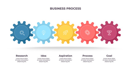 Business infographics. Process with 5 steps, options, gears. Vector template.