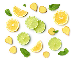 lime and lemon slices on white background