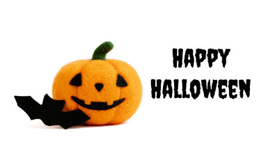 Happy Halloween text. Greeting card with a Halloween pumpkin isolated on a white background. Halloween concept.