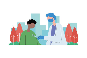 scientific doctor with thermometer testing temperature or patient