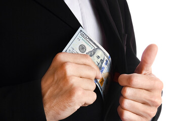 Business man holding money on white background