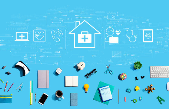 Telehealth theme with collection of electronic gadgets and office supplies