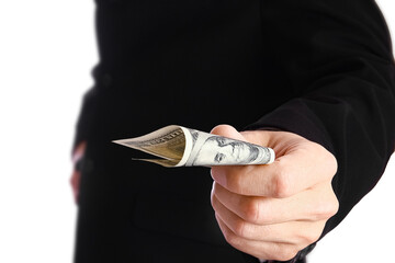 Business man holding money on white background