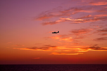 Plakat View of an airplane flying at sunset light.
